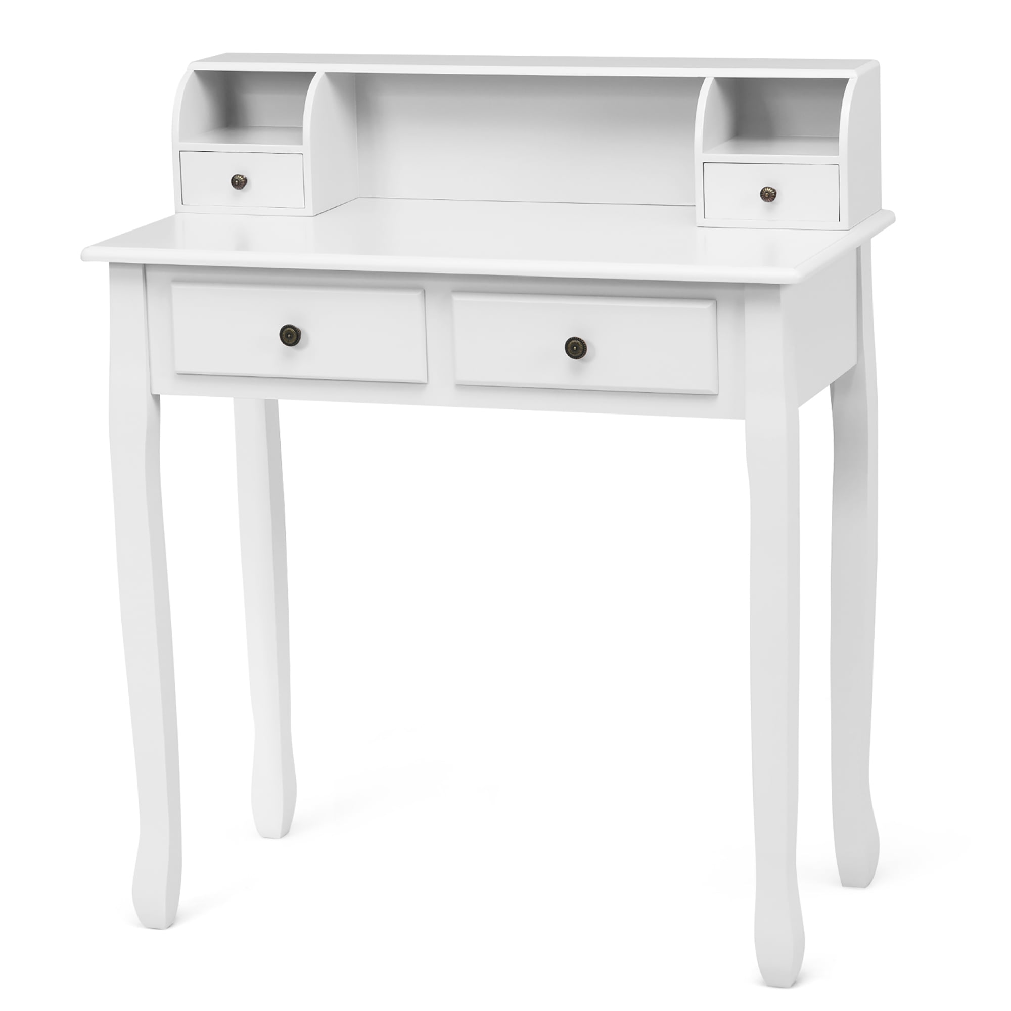 Modern White Wood Writing Desk with 4 Drawers and Storage Shelf