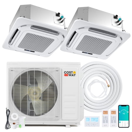 Costway X-Pro 18000 BTU 2 Zone 9K + 12K Ceiling Cassette Mini Split AC, 24 SEER2, WiFi Enabled