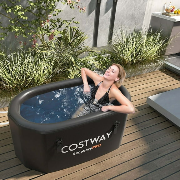 Costway XL 129 Gal Oval Ice Bath Tub for Athletes with Cover Hand Pump Backpack for Adults Black