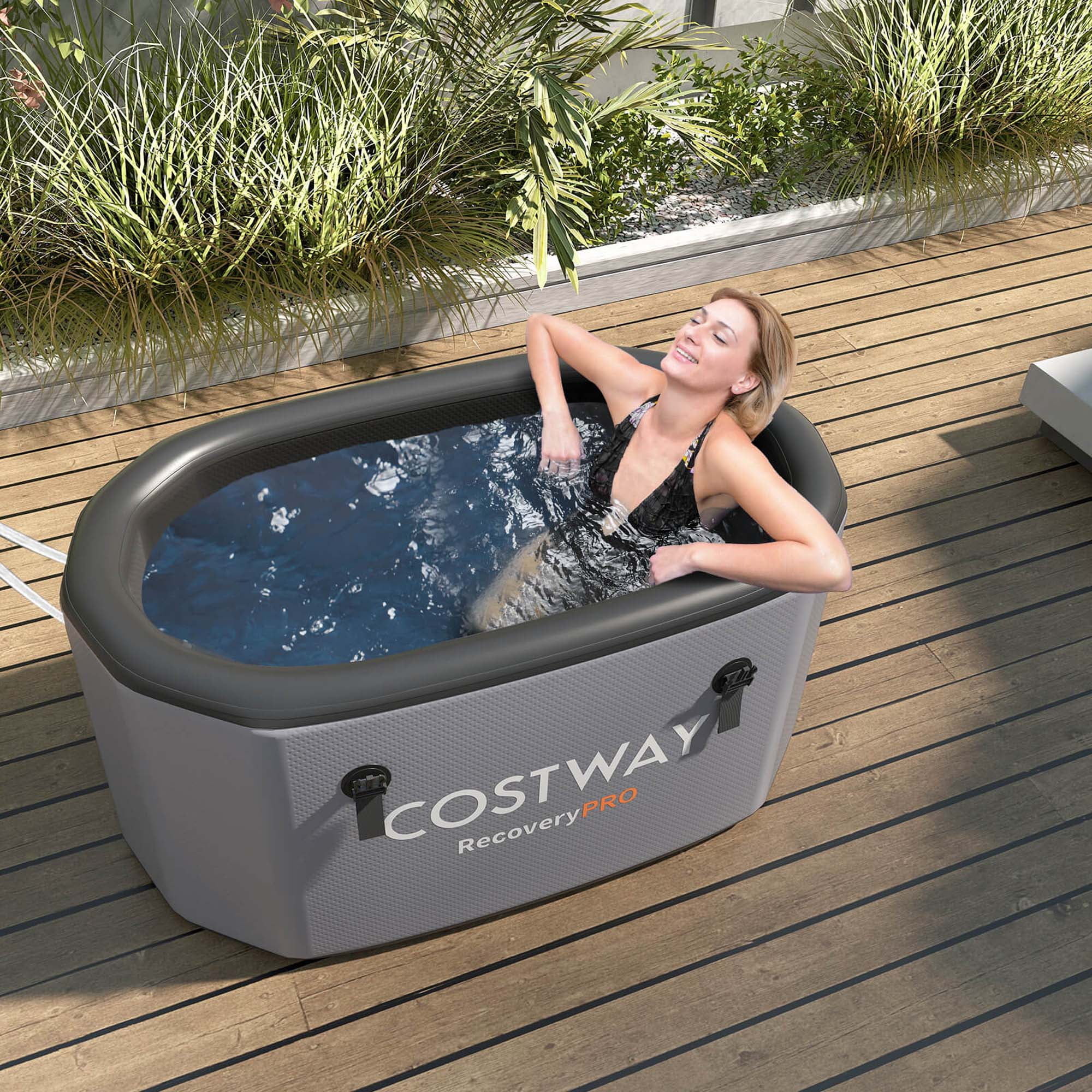 Costway XL 129 Gal Oval Ice Bath Tub for Athletes with Cover Hand Pump Backpack for Adults Gray