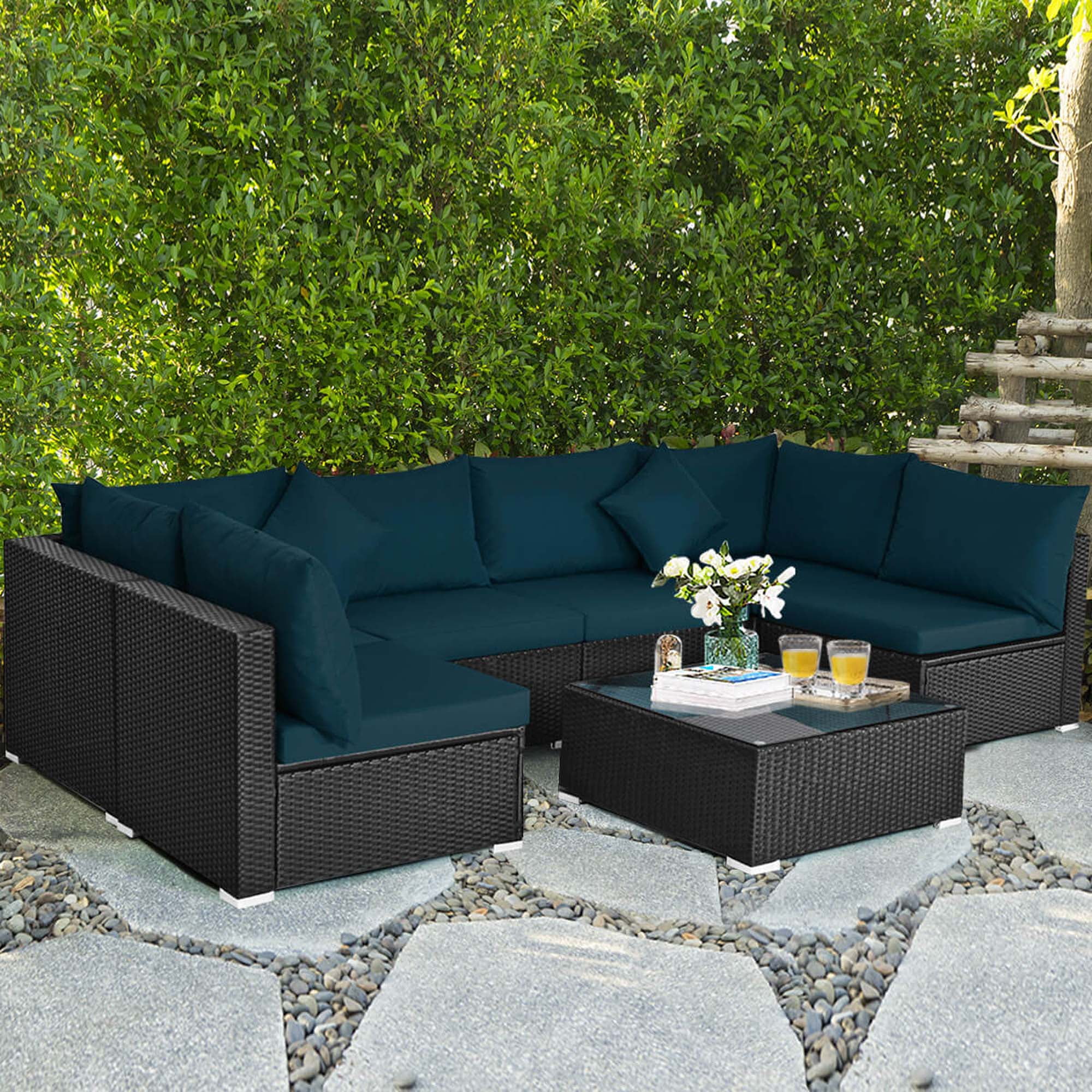 Costway 7 pcs black rattan wicker furniture set sectional seat cushioned garden deck new arrivals