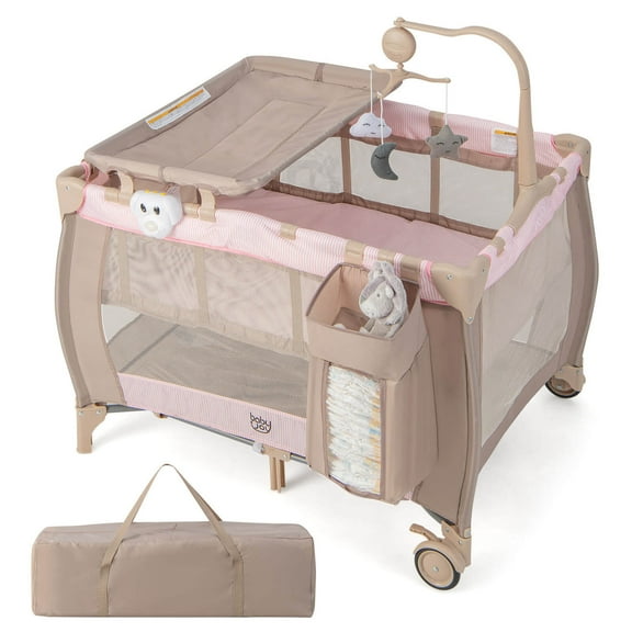 Costway Portable Baby Playard Nursery Center Crib with Hanging Toys & Music Box Pink