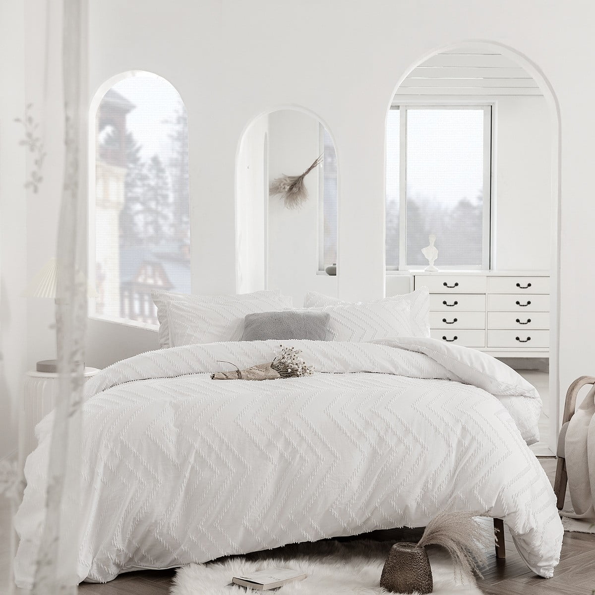 Costyle 3 Piece Tufted Duvet Cover Set, White Boho Microfiber Shabby Chic Soft Bedding Set (Full, 80"x90")