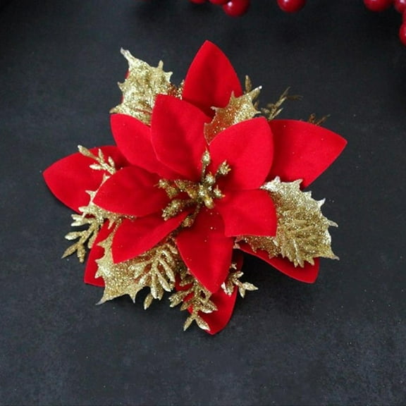 Costyle Christmas Glitter Artificial Flowers Christmas Tree Ornaments Holiday Home Decoration, Red, 10 Pcs
