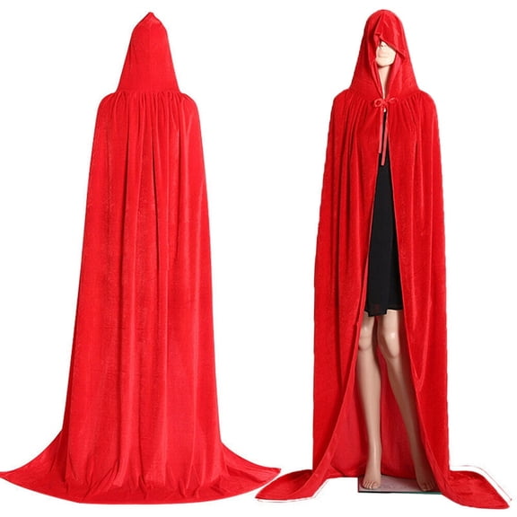 Halloween Witch Hooded Robe Cloak Long Velvet Cape Cosplay Costume Unisex, Red