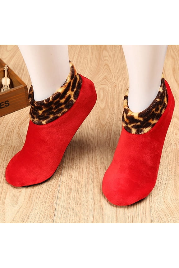 Women's Winter Warm Gripper Socks Non Slip Leopard Soft Thermal Socks 1Pair, Red