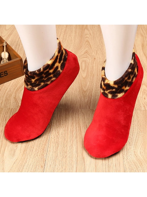 Women's Winter Warm Gripper Socks Non Slip Leopard Soft Thermal Socks 1Pair, Red