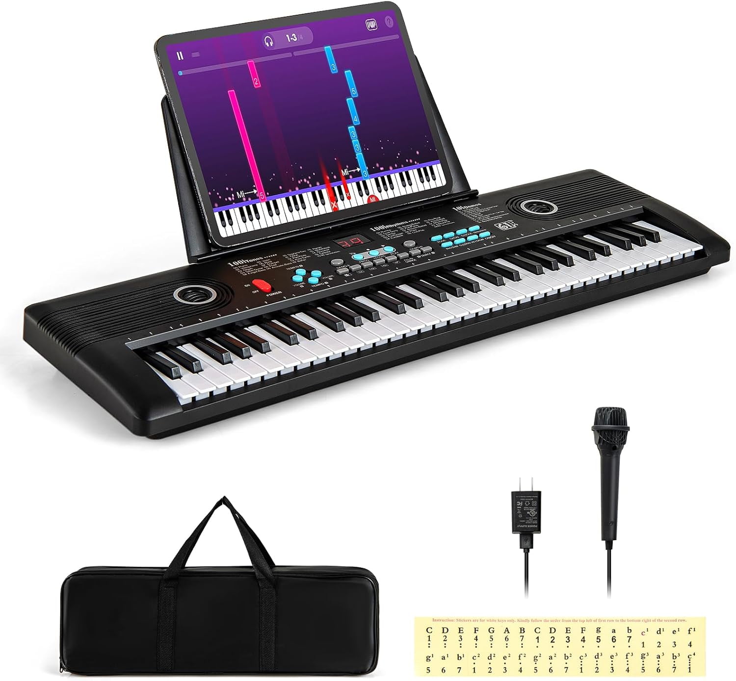 Costzon 61 Key Keyboard Piano, Electric Digital Piano Keyboard with Microphone, Music Stand, Keynote Stickers \u0026 Carrying Bag, Portable Keyboard Piano for Beginners Adults