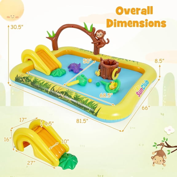 Costzon Inflatable Kiddie Pool, Animal Spray Inflatable Play Center with Slide, Sprinkle, Kids Oval Wading Swimming Pool, Outdoor Kids Summer Playhouse Inflatable Water Park for Backyard, Garden