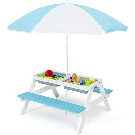 Costzon Kids Picnic Table with Sensory Bins, 4 in 1 Sand and Water Table with Height Adjustable Umbrella, Removable Tabletop, Wooden Kids Outdoor Table for Backyard Patio Play