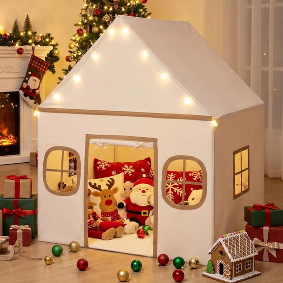 Costzon Kids Play Tent, Large Kids Playhouse w/Padded Mat, Door Curtain, Windows, Star Lights, Side Storage Pocket & Smooth Zipper, Indoor Play Tent for Boys, Girls 3+ Years 47x40x56.5 (Beige)