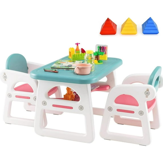 Costzon Kids Table and Chair Set, 3-Piece Plastic Activity Table with Building Blocks, Storage Shelf for Children Reading, Drawing, Writing, Arts & Crafts, Toddler Table and Chair Set (Blue)
