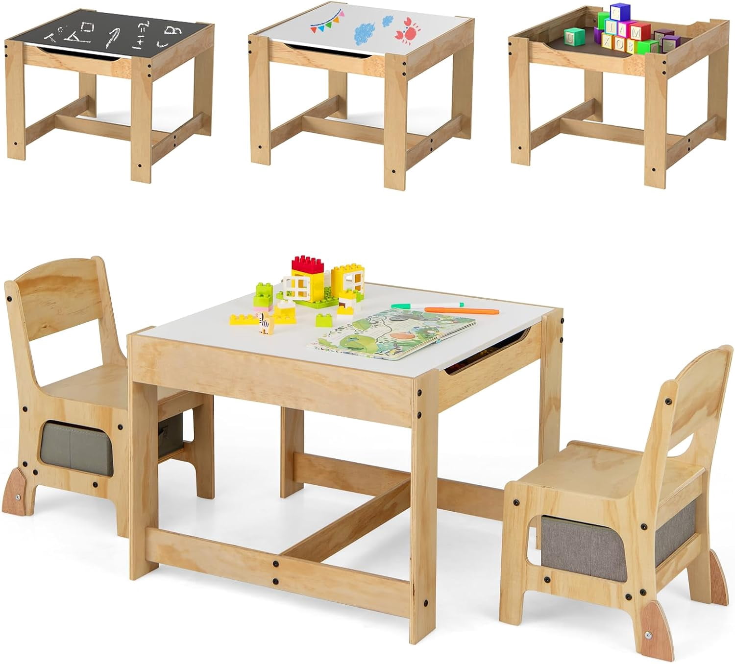 Costzon Kids Table and Chairs, 3 in 1 Wooden Activity Toddler Desk Set ...