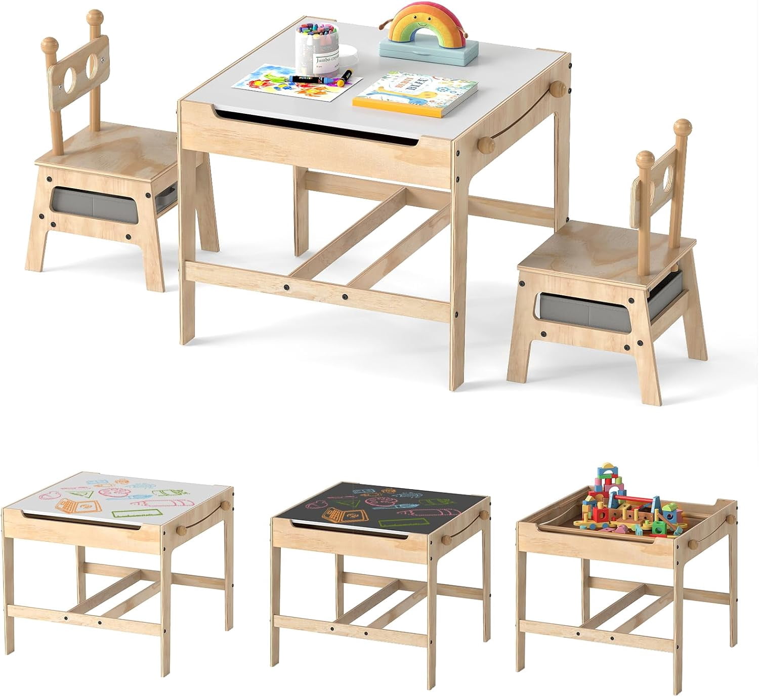 Costzon Kids Table and Chairs, 3 in 1 Wooden Activity Toddler Desk Set ...