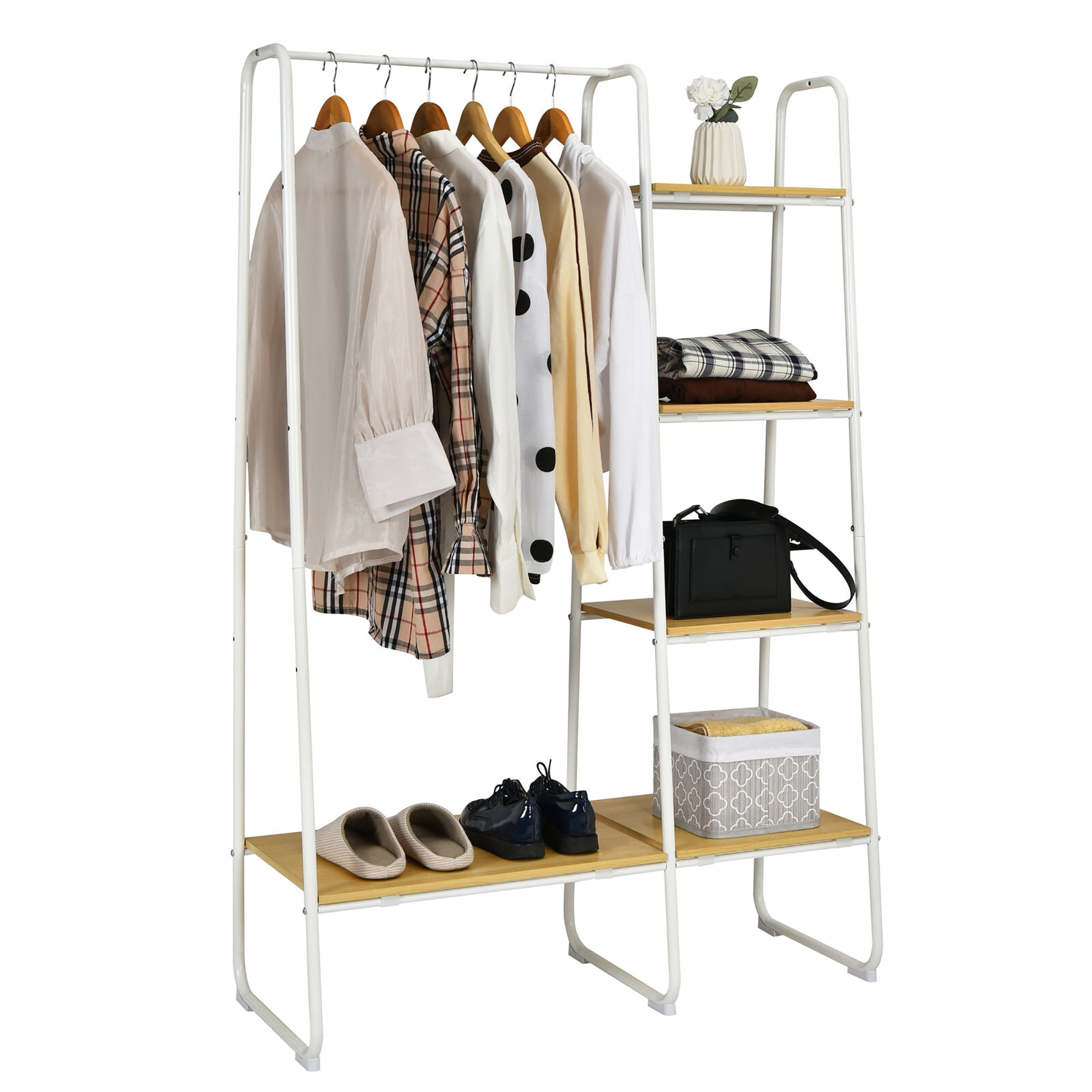 White and Natural Steel Closet Organizer with Shelves and Hanging Rod