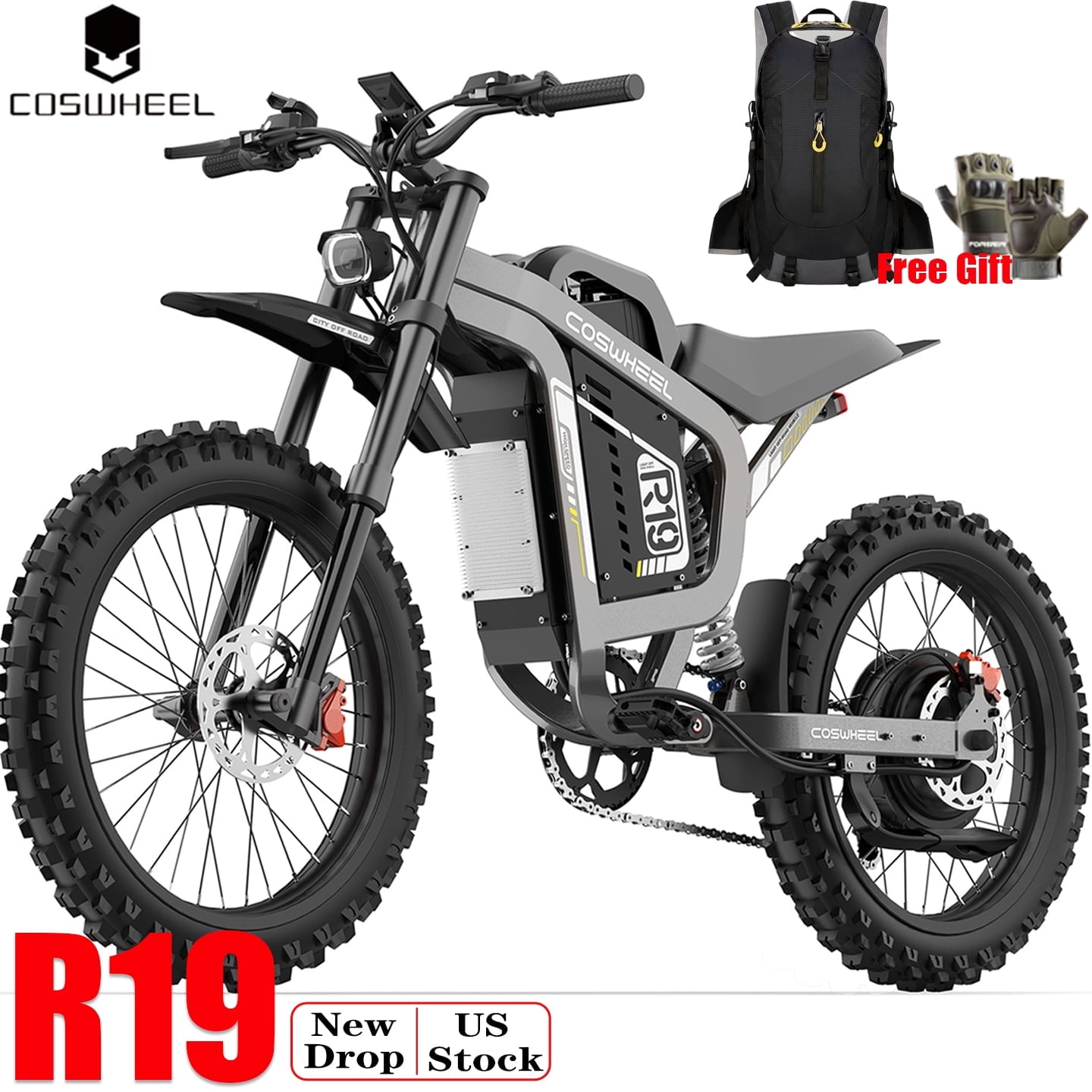 Coswheel R19 60MPH Electric Dirt Bike for Adults,9000W Peak Motor,72V40Ah Battery 124Mi Range,19" Tires E-Bike with Hydraulic Brakes & Full Shock Absorption UL2849