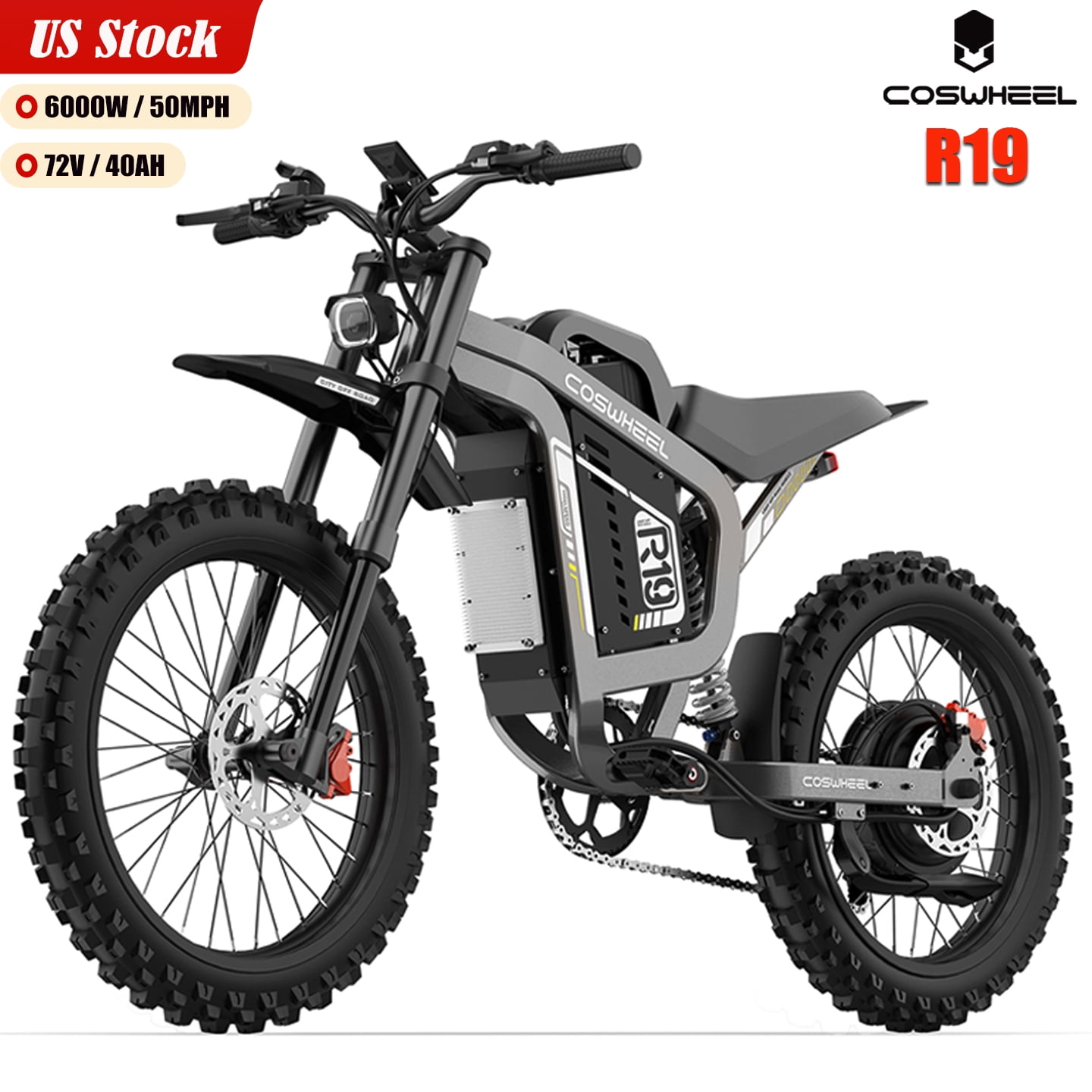 Coswheel R19 off-Road Electric Bike for Adults,6000W(Peak)Motor 50MPH Max Speed,72V40Ah Battery 124Mi Range,19''Tires E Mountain Bike, Hydraulic Brakes & Full Shock Absorption UL2849