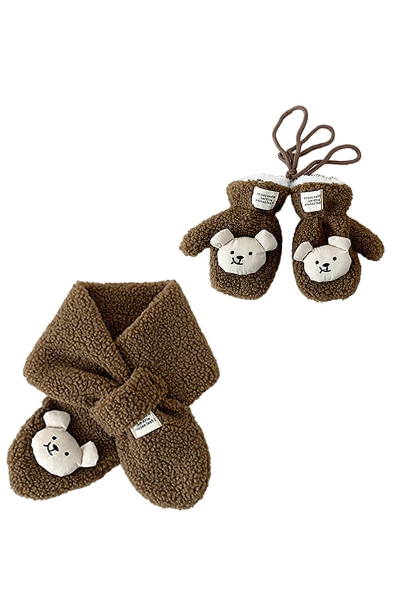 Cosy Lamb Wool Kids Scarf and Gloves Set Baby Winter Essential with Cartoon Bear Designing for Warmth In Cold Weather
