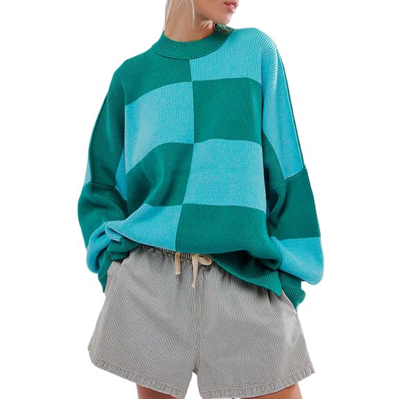 Cosy and Chic: Oversized Checkered Sweater with Side Slits Drop Shoulder - [ZhiHiMeRi] | (US 12-14)L