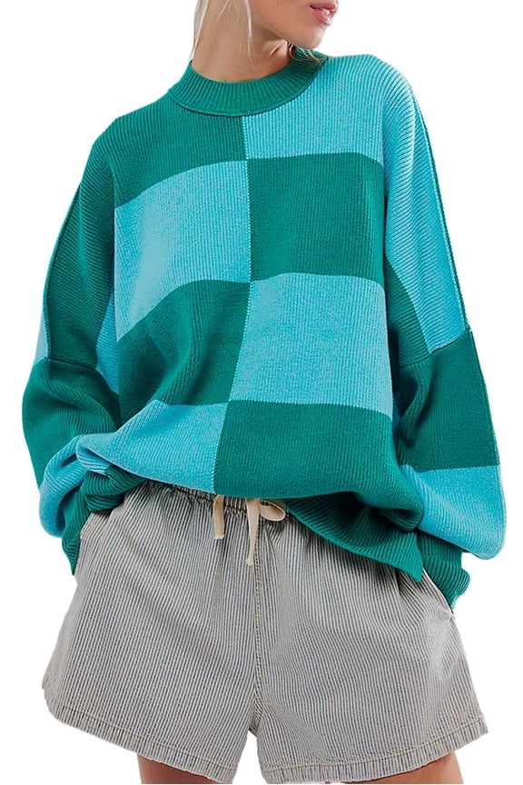 Cosy and Chic: Oversized Checkered Sweater with Side Slits Drop Shoulder - [ZhiHiMeRi] | (US 16-18)XL