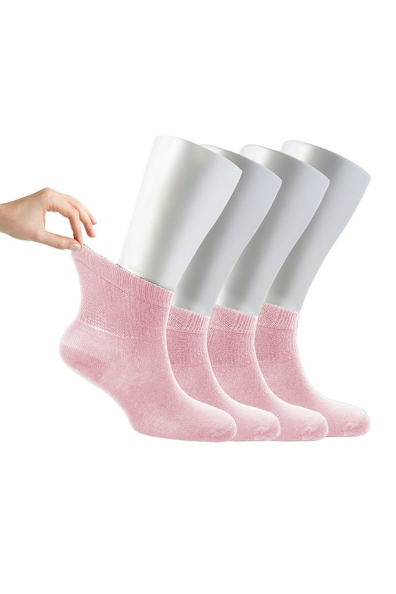 ® Women Loose Diabetic Ankle Socks 4-Pair Soft Bamboo Viscose Material Durable with Seamless Toe Non-Binding Top, Candy Pink, 6-9