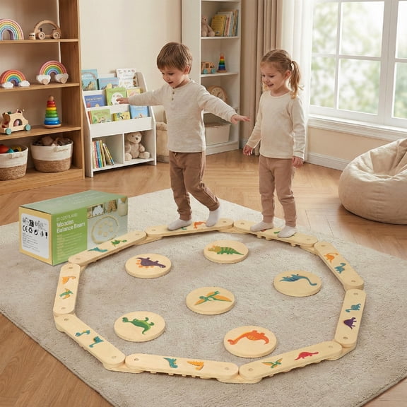 Cosyland 15 PCS Wooden Balance Beam and Stepping Stones, Indoor Obstacle Course for Toddlers and Kids, Natural