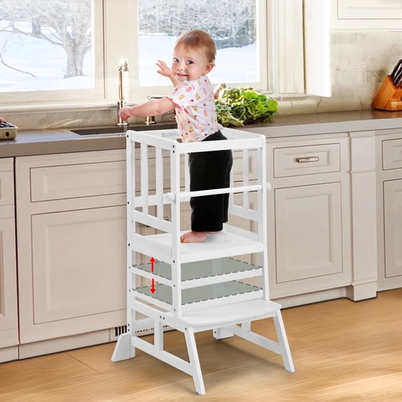 Cosyland Toddler Standing Tower - Adjustable Height Toddler Kitchen Stool Helper - Kids Kitchen Step Stool for Learning with Removable Safety Railing White