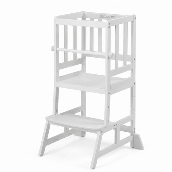 Cosyland White Kids Kitchen Helper Stool, 2-Level Toddler Standing Step Stool with Detachable Guard Rail and Anti-Slip Base for Home Learning Use