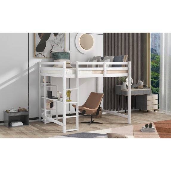 Cosymart Full Size Loft Bed with Built-in Desk and Shelves,White