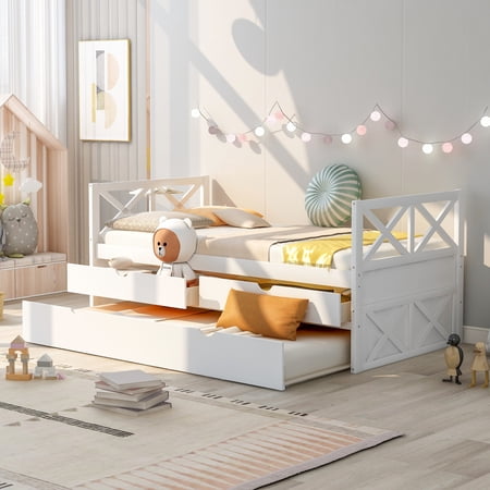 Cosymart Multi-Functional Daybed with Drawers and Trundle, White