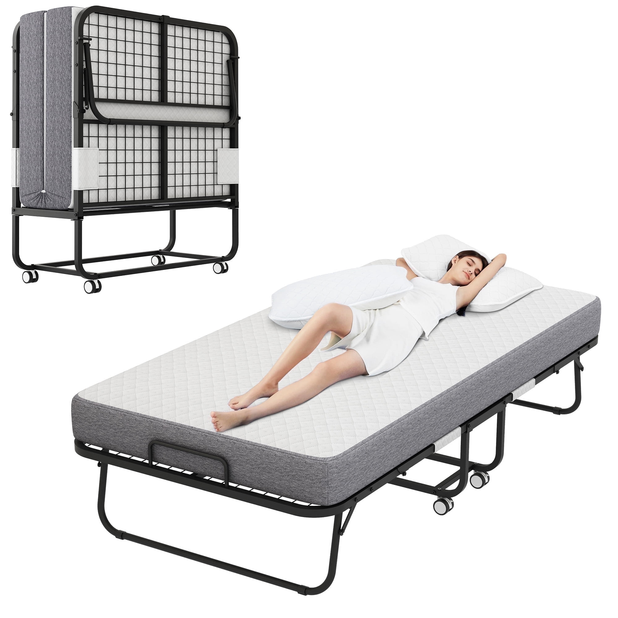 Folding Bed with 5 Inch Foam Mattress, Cot 75" x 31" Rollaway Bed for Guests, Portable Bed with Lockable Wheels, Easy Assembly & Moving