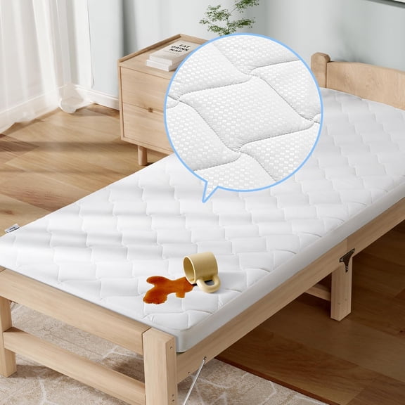 Cot Mattress Protector, Waterproof Mattress Protector for Narrow Twin Bed - Fitted with Stretchable Pockets, Soft Breathable RV Bunk Size Mattress Pad Cover (White)