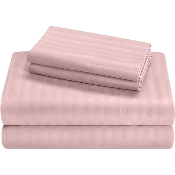 Cot Sheet Set 4 Piece- 100% Cotton, 1 Flat Sheet, 1 Fitted Sheet with 15" Deep Pocket & 2 Pillowcover, 600TC-Fully Elasticized Sheets-Breathable-Pink Stripe, RV Full-XL Size