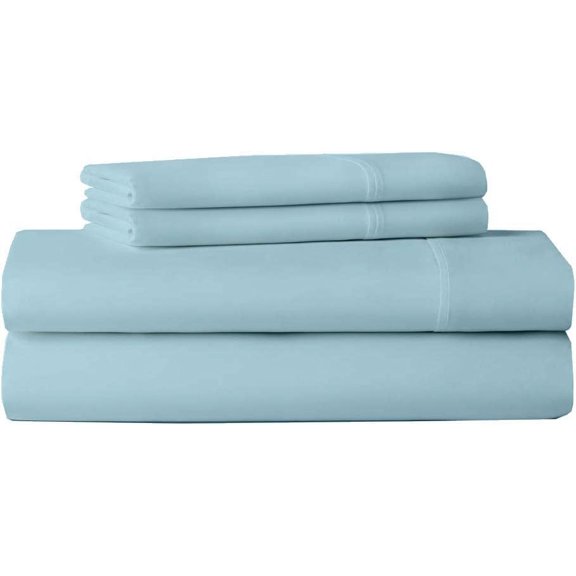 Cot Sheet Set 4PC-100% Egyptian Cotton, Perfect for Camp Sheets & Guest Beds, 600TC, 1 Flat Sheet, 1 Fitted Sheet 10" Deep Pocket & 2 Pillowcover-Light Blue Solid, RV Short Queen Size