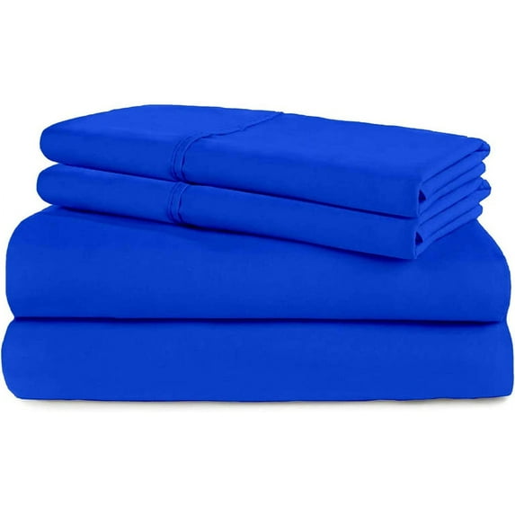 Cot Sheet Set 4PC-100% Egyptian Cotton, Perfect for Camp Sheets & Guest Beds, 600TC, 1 Flat Sheet, 1 Fitted Sheet 12" Deep Pocket & 2 Pillowcover-Royal Blue Solid, RV Camper King Size