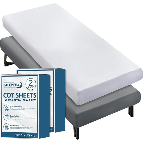 Cot Sheets 31" x 75"(2 Pack), Cot Fitted Sheet Ultra Soft and Breathable Snug Fit for Narrow Twin Mattress/Camp Bunk Beds/RVs Bunk/Guest Beds/Army Cots/Trifold Mattress Grey and White, Cover Only