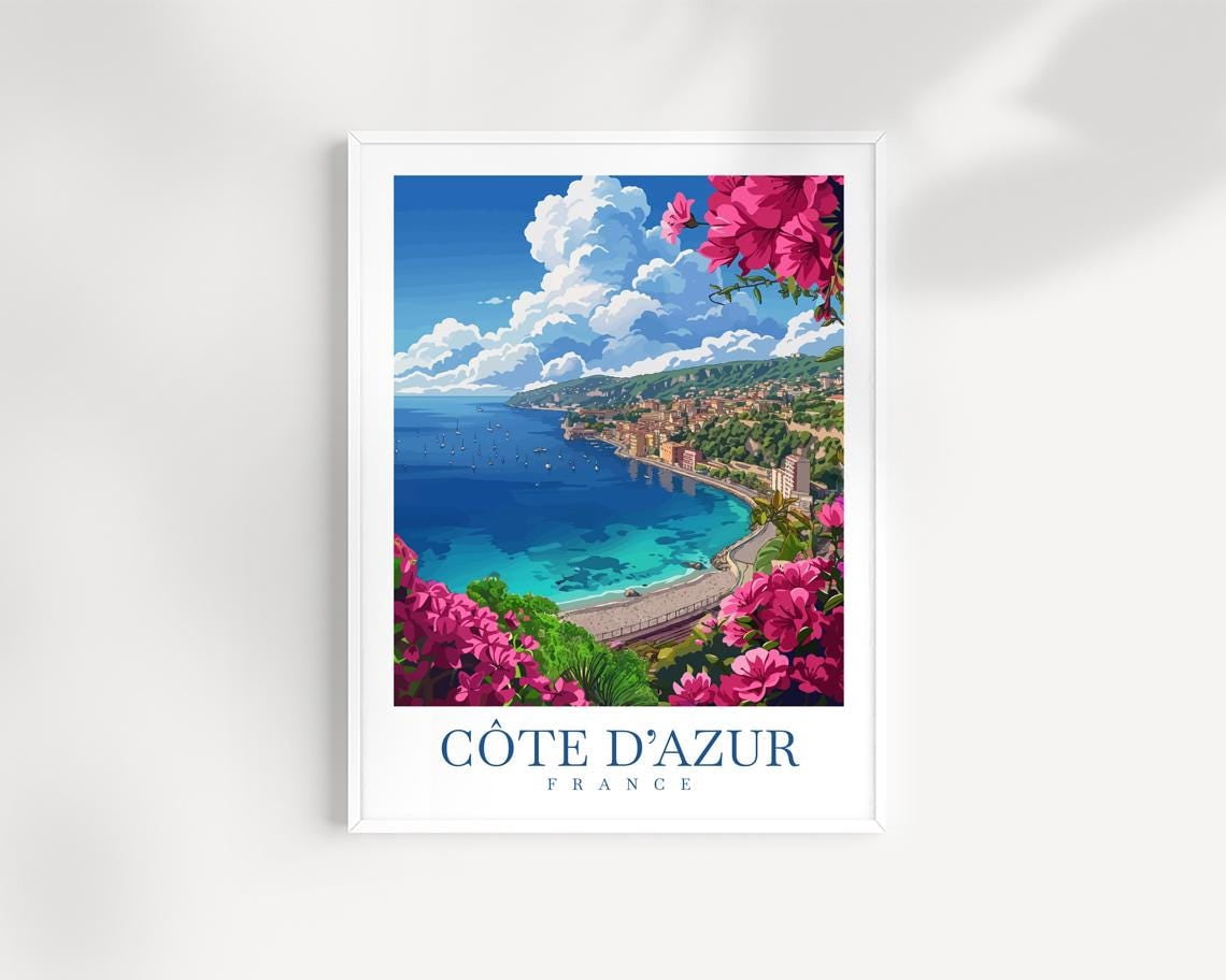 English Riviera Print Cote D Azur France Coastal Travel Wall Art Print, Illustrated Riviera ...