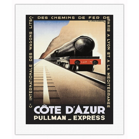Cote D’Azur France - Pullman Express - PLM French Railways - Vintage Railroad Travel Poster by Pierre Fix-Masseau c.1929 - Fine Art Rolled Canvas Print 16in x 20in