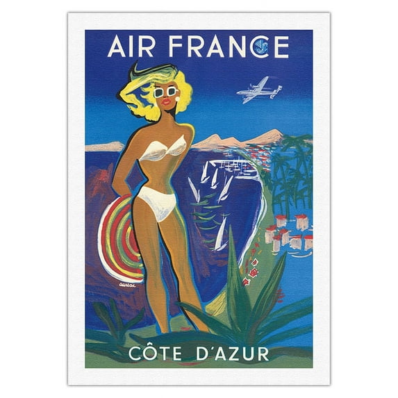 Cote D'Azur France - The French Riveria - Vintage Airline Travel Poster by Jacques Auriac c.1952 - Fine Art Rolled Canvas Print 27in x 40in