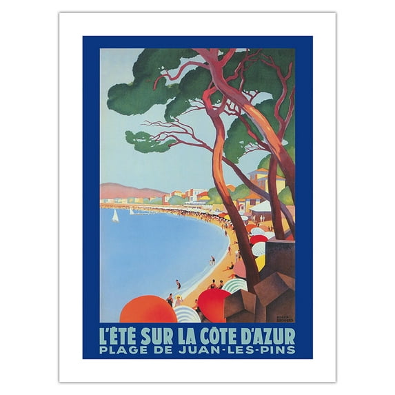 Cote D’Azur - Juan Les Pins Beach - PLM French Railroad - Vintage Railroad Travel Poster by Roger Broders c.1927 - Bamboo Fine Art 290gsm Paper Print (Unframed) 24x32in