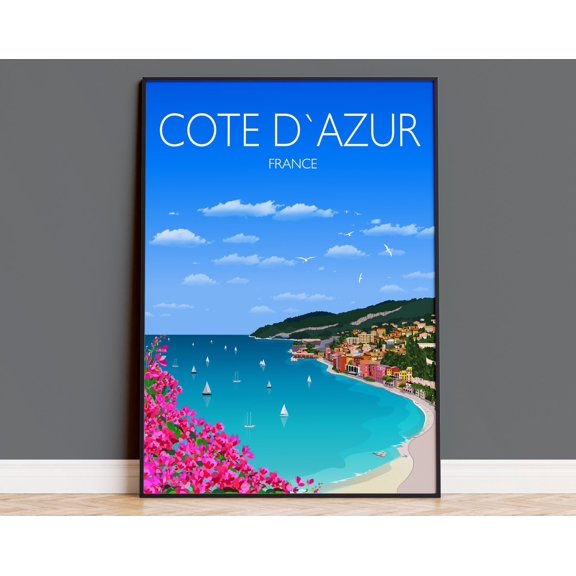 Cote D'Azur Travel Print, Travel Poster of Cote D'Azur, Cote D'Azur Wall Art, France, French Riviera Art Lovers Gift Wedding Gift, 8x12 UNFRAMED