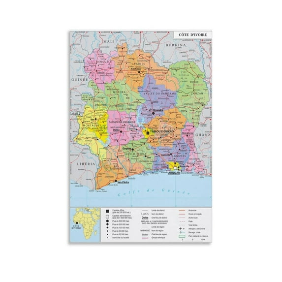 Cote D'Ivoire Map Posters Canvas Wall Art Poster Decorative Bedroom Modern Home Print Picture Artworks Posters 20x30inch(50x75cm)