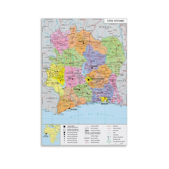 Cote D'Ivoire Map Posters Gifts Canvas Painting Poster Wall Art Decorative Picture Prints Modern Decor 24x36inch(60x90cm)
