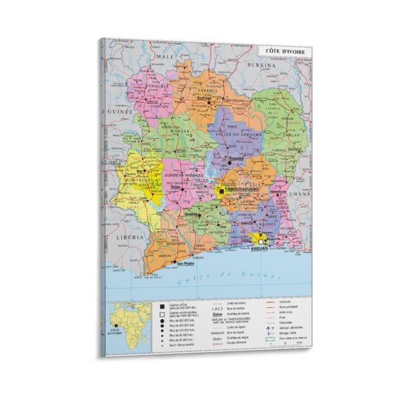 Cote D'Ivoire Map Posters Room Aesthetic Poster Print Art Wall Painting Canvas Posters Gifts Modern Bedroom Decor 24x36inch(60x90cm)