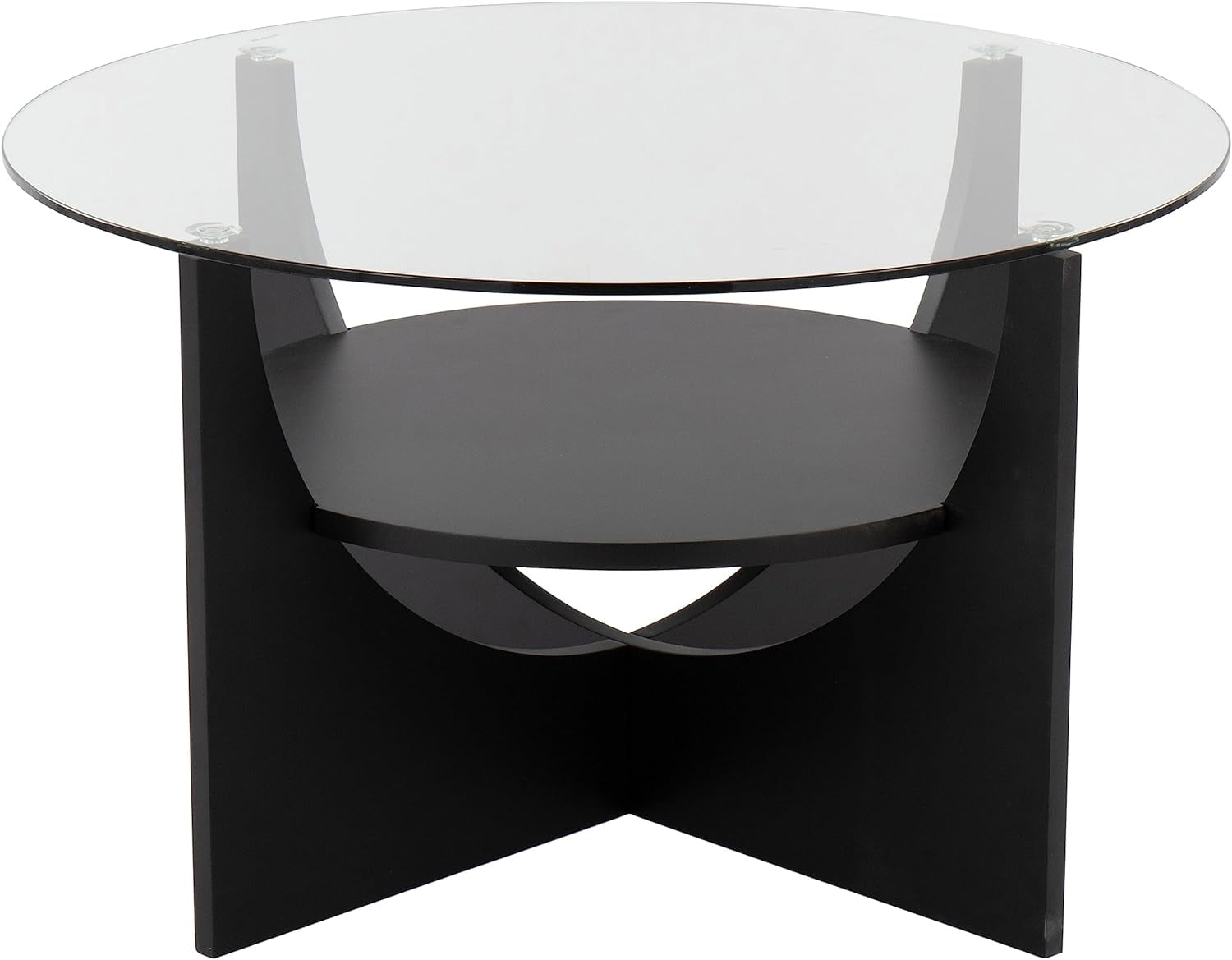 34" Circular Black Wood & Clear Glass Coffee Table with Storage Shelf