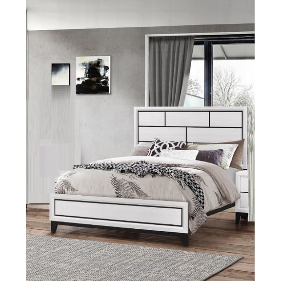 Cotemporary White Finish Queen Size Panel Low-profile Bed with Geometric Design for Bedroom
