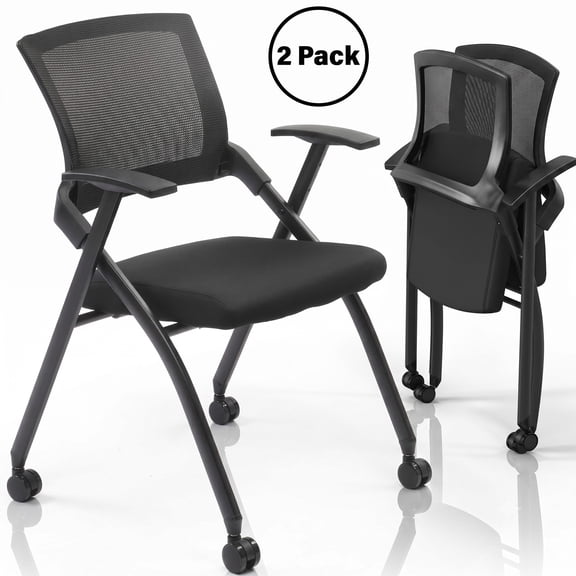 Cotinse 2 Pack Folding Office Chair Stackable Conference Room Chairs with Wheels and Padded Mesh Back Ergonomic for Reception Meeting