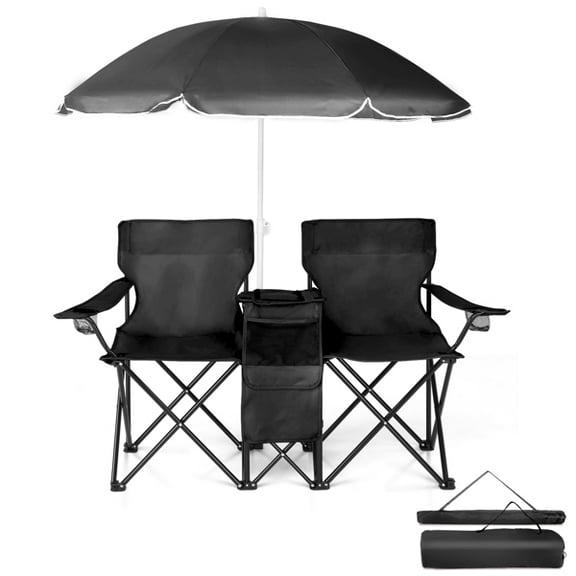 Cotinse Portable 2-Seat Double Folding Chair with Removable Sun Umbrella, Heavy Duty Picnic Camping Chair for Two, Lightweight Outdoor Beach Chair for Fishing and Tailgating, Black