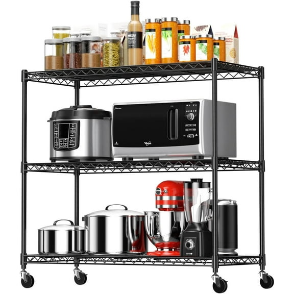 Cotiro 3-Tier Adjustable Storage Shelving Unit, Heavy Duty Wire Rack with Wheels and Adjustable Feet for Pantry, Garage, Baker's Rack Kitchen Rack (450 lbs/rack), Black