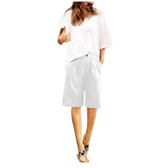 Cotonie Bermuda Shorts for Women Linen Half Shorts Elastic High Waist Shorts with Pockets Yoga Walking Athletic
